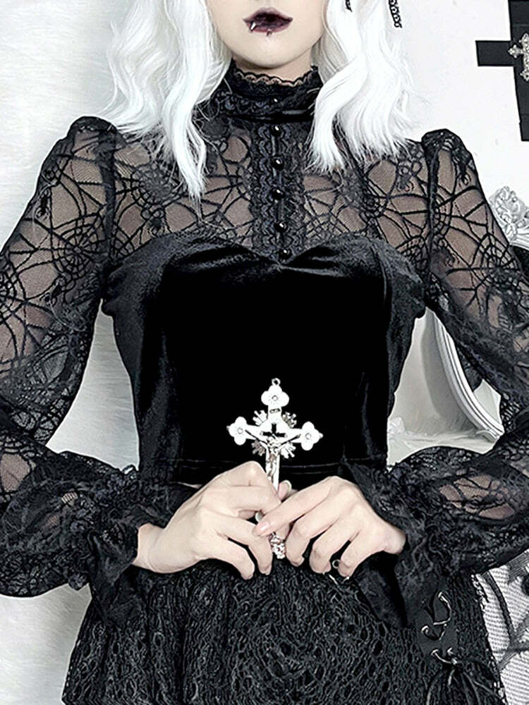 Gothic Elegant Lace Velvet Blouse - Y2K Grunge, 90s Fashion, Retro Style, Pastel Goth Outfits