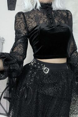 Gothic Elegant Lace Velvet Blouse - Y2K Grunge, 90s Fashion, Retro Style, Pastel Goth Outfits