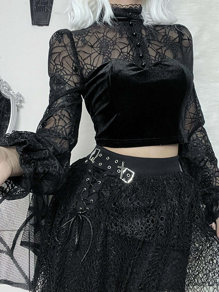Gothic Elegant Lace Velvet Blouse - Y2K Grunge, 90s Fashion, Retro Style, Pastel Goth Outfits