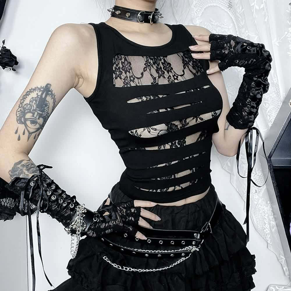 Gothic Floral Mesh Cut Out Tank Top - Y2K Grunge Summer Outfit, 90s Retro Style, Pastel Goth