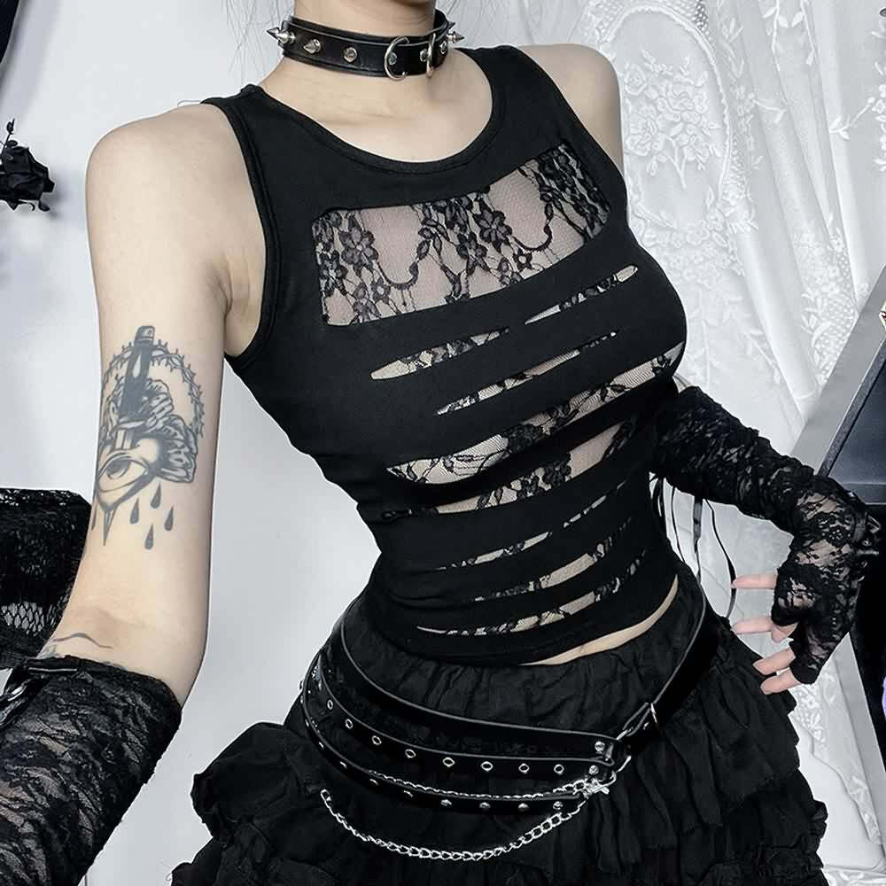 Gothic Floral Mesh Cut Out Tank Top - Y2K Grunge Summer Outfit, 90s Retro Style, Pastel Goth