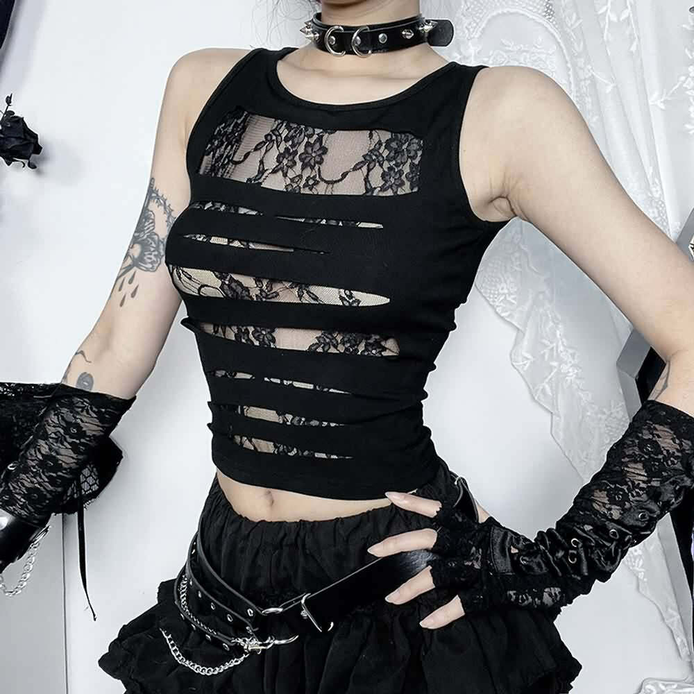 Gothic Floral Mesh Cut Out Tank Top - Y2K Grunge Summer Outfit, 90s Retro Style, Pastel Goth