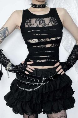 Gothic Floral Mesh Cut Out Tank Top - Y2K Grunge Summer Outfit, 90s Retro Style, Pastel Goth