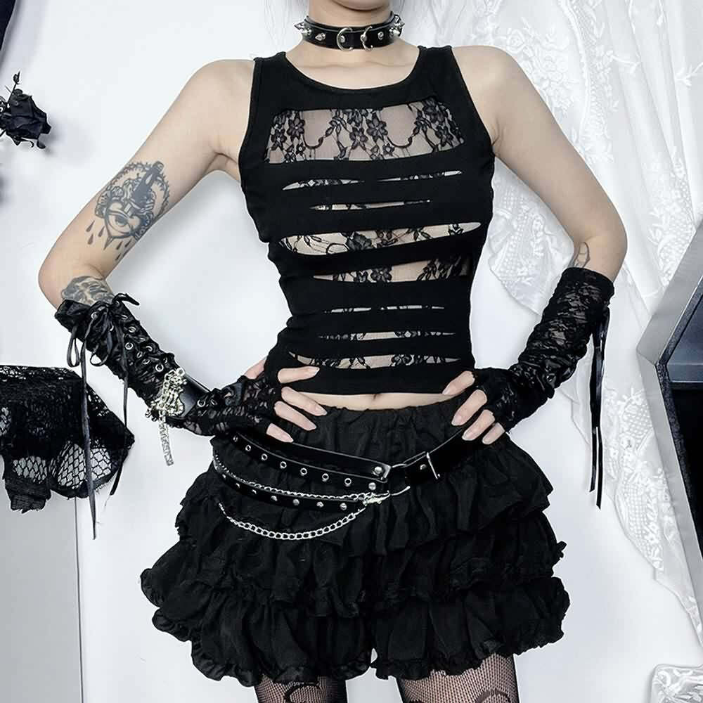 Gothic Floral Mesh Cut Out Tank Top - Y2K Grunge Summer Outfit, 90s Retro Style, Pastel Goth