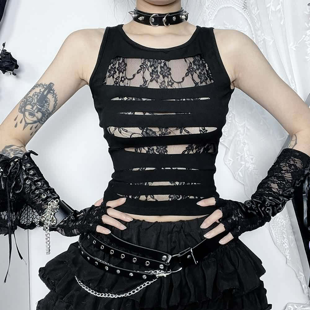 Gothic Floral Mesh Cut Out Tank Top - Y2K Grunge Summer Outfit, 90s Retro Style, Pastel Goth