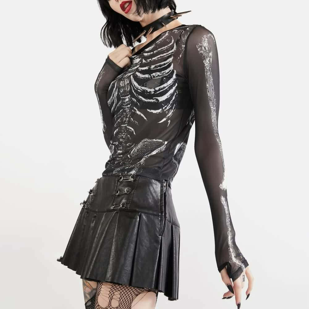Gothic Glamour Sheer Skeleton Top - Y2K Grunge, 90s Fashion, Retro Style, Pastel Goth Outfits