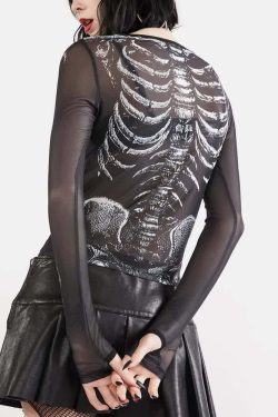 Gothic Glamour Sheer Skeleton Top - Y2K Grunge, 90s Fashion, Retro Style, Pastel Goth Outfits