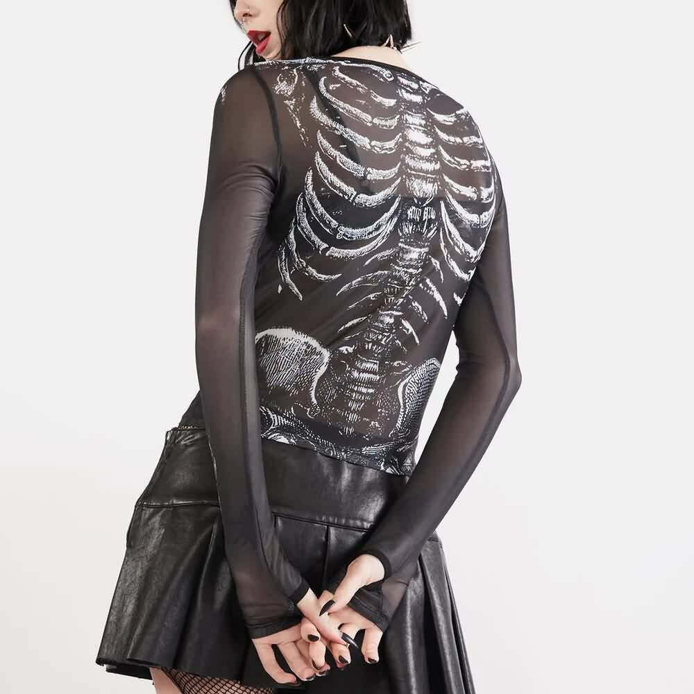 Gothic Glamour Sheer Skeleton Top - Y2K Grunge, 90s Fashion, Retro Style, Pastel Goth Outfits