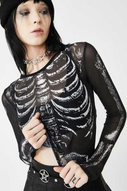 Gothic Glamour Sheer Skeleton Top - Y2K Grunge, 90s Fashion, Retro Style, Pastel Goth Outfits