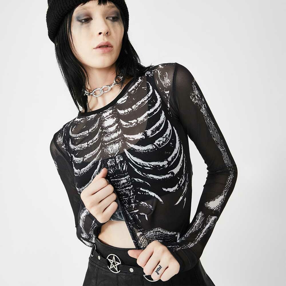 Gothic Glamour Sheer Skeleton Top - Y2K Grunge, 90s Fashion, Retro Style, Pastel Goth Outfits