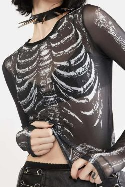 Gothic Glamour Sheer Skeleton Top - Y2K Grunge, 90s Fashion, Retro Style, Pastel Goth Outfits