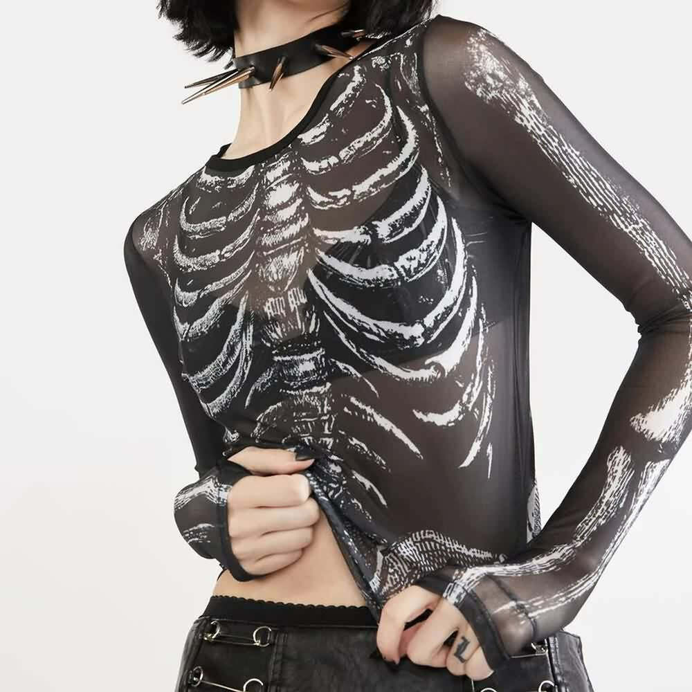 Gothic Glamour Sheer Skeleton Top - Y2K Grunge, 90s Fashion, Retro Style, Pastel Goth Outfits