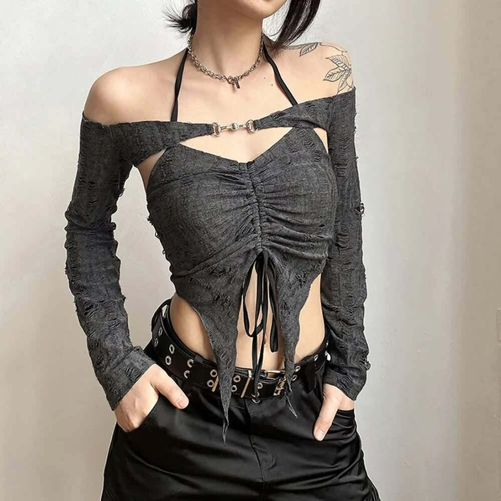Gothic Gray Halter Crop Top & Off Shoulder Shrug Set - Y2K Grunge Summer Outfit