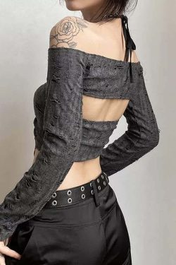 Gothic Gray Halter Crop Top & Off Shoulder Shrug Set - Y2K Grunge Summer Outfit