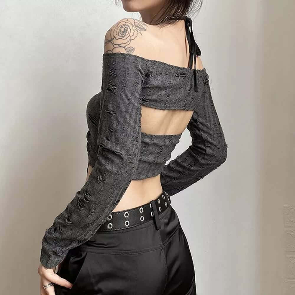Gothic Gray Halter Crop Top & Off Shoulder Shrug Set - Y2K Grunge Summer Outfit