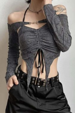 Gothic Gray Halter Crop Top & Off Shoulder Shrug Set - Y2K Grunge Summer Outfit