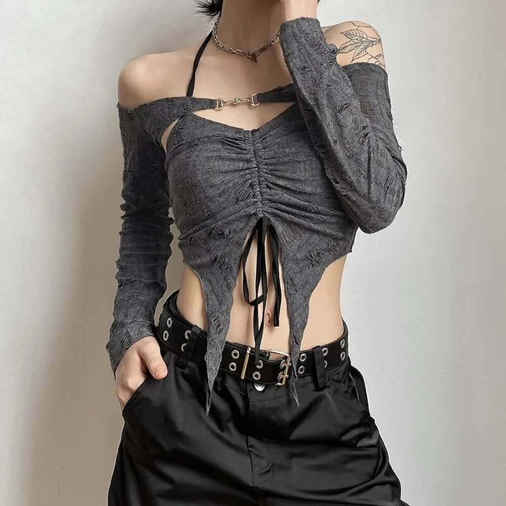 Gothic Gray Halter Crop Top & Off Shoulder Shrug Set - Y2K Grunge Summer Outfit