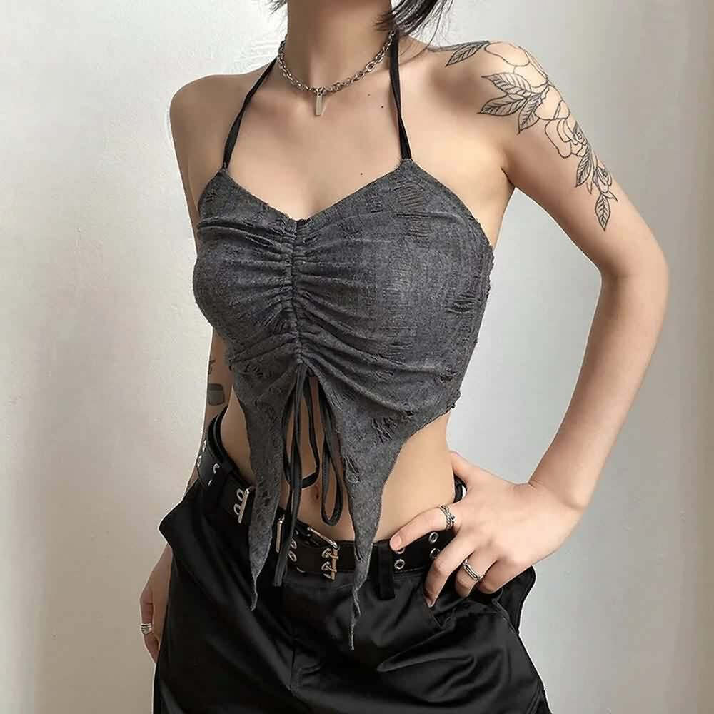 Gothic Gray Halter Crop Top & Off Shoulder Shrug Set - Y2K Grunge Summer Outfit