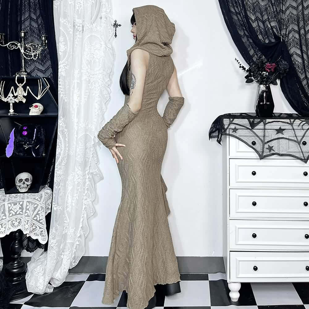 Gothic Hooded Ruffle Slit Maxi Dress - Y2K Grunge, 90s Fashion, Retro Summer Outfit