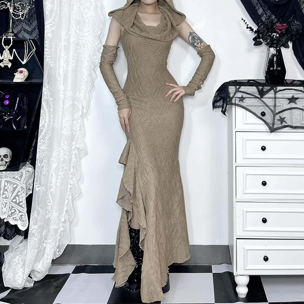 Gothic Hooded Ruffle Slit Maxi Dress - Y2K Grunge, 90s Fashion, Retro Summer Outfit