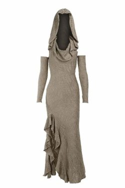 Gothic Hooded Ruffle Slit Maxi Dress - Y2K Grunge, 90s Fashion, Retro Summer Outfit