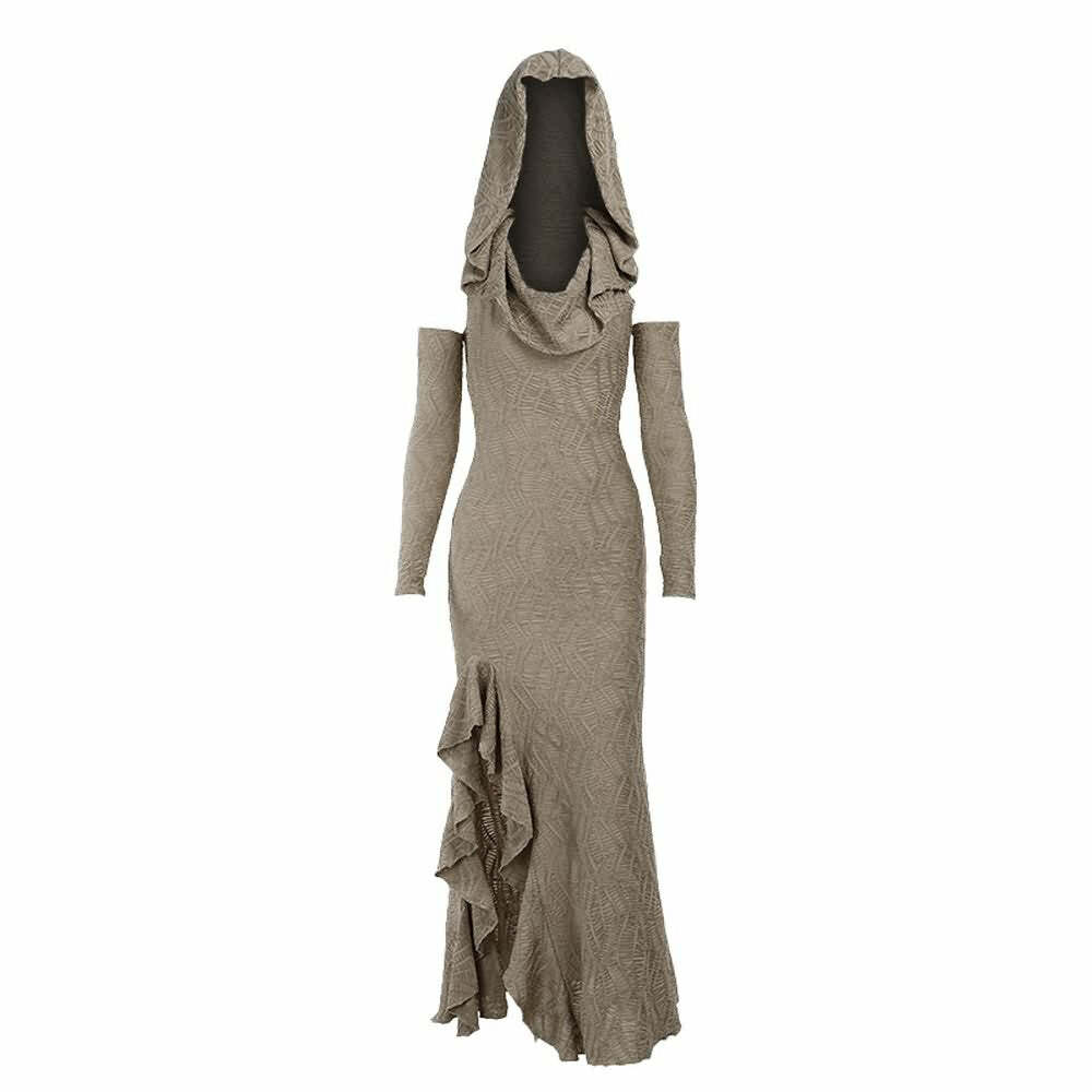 Gothic Hooded Ruffle Slit Maxi Dress - Y2K Grunge, 90s Fashion, Retro Summer Outfit