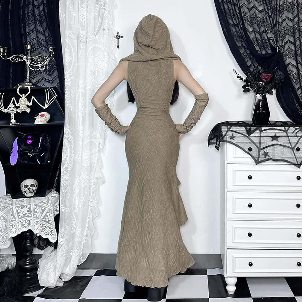 Gothic Hooded Ruffle Slit Maxi Dress - Y2K Grunge, 90s Fashion, Retro Summer Outfit