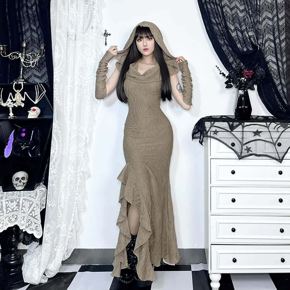Gothic Hooded Ruffle Slit Maxi Dress - Y2K Grunge, 90s Fashion, Retro Summer Outfit