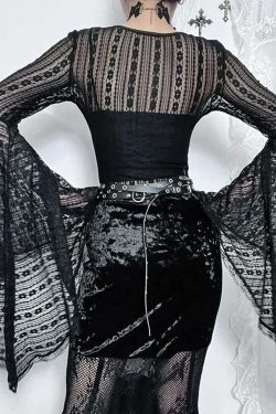Gothic Lace Bell Sleeve Bodysuit - Y2K Grunge, 90s Fashion, Retro Style, Pastel Goth Outfit