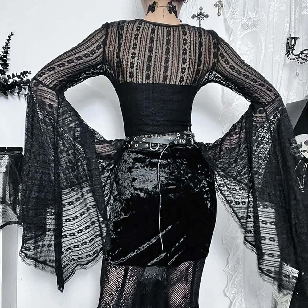 Gothic Lace Bell Sleeve Bodysuit - Y2K Grunge, 90s Fashion, Retro Style, Pastel Goth Outfit