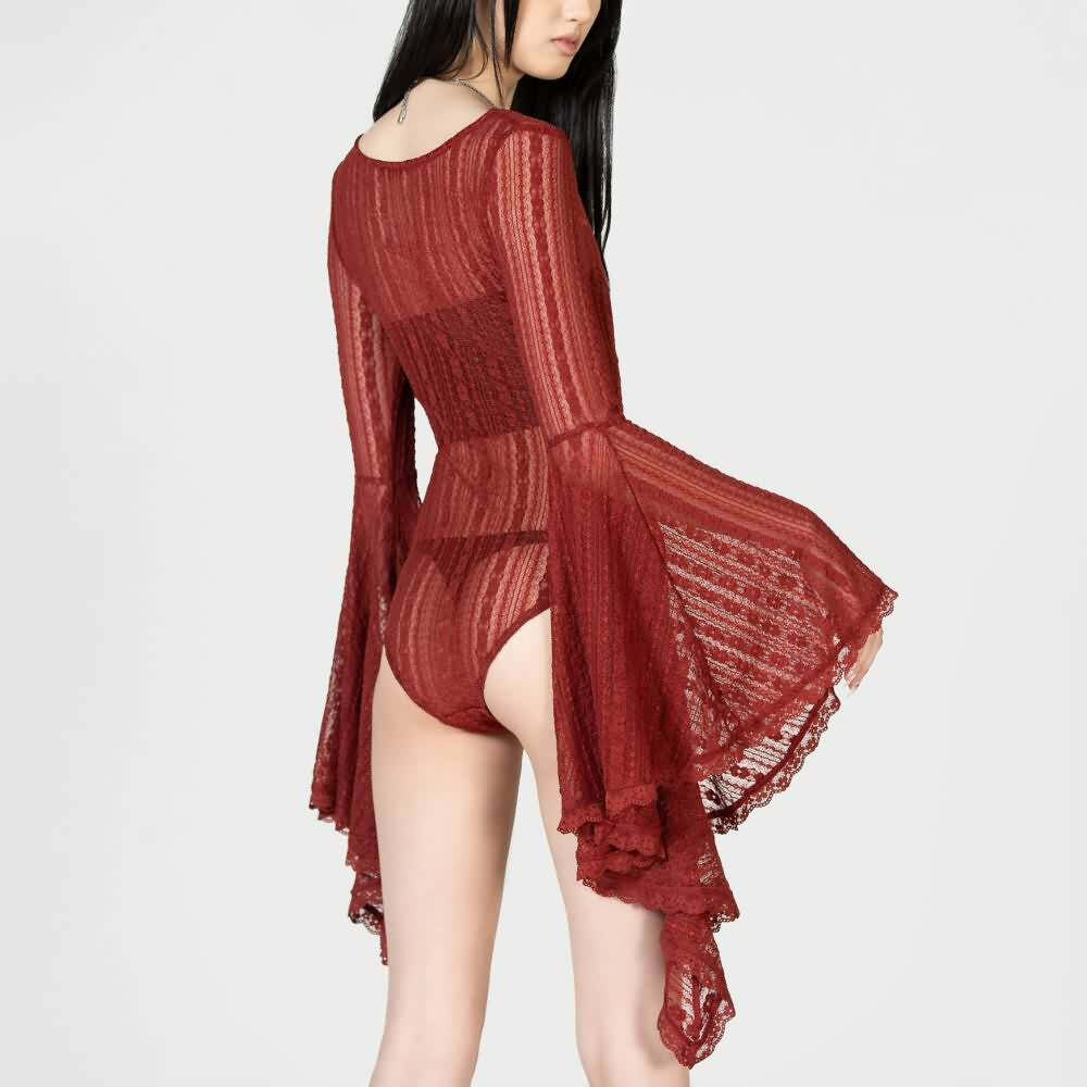 Gothic Lace Bell Sleeve Bodysuit - Y2K Grunge, 90s Fashion, Retro Style, Pastel Goth Outfit