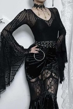 Gothic Lace Bell Sleeve Bodysuit - Y2K Grunge, 90s Fashion, Retro Style, Pastel Goth Outfit