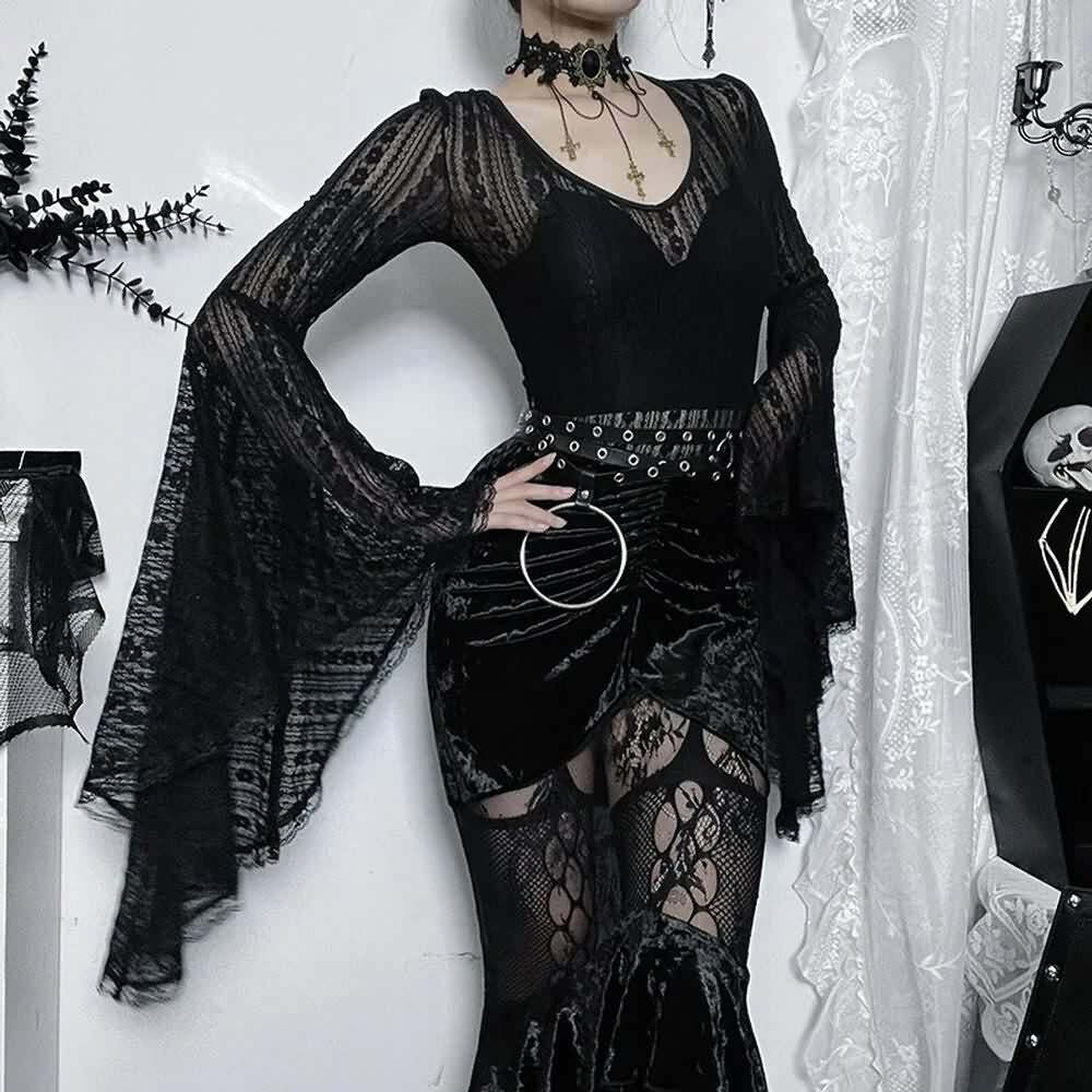 Gothic Lace Bell Sleeve Bodysuit - Y2K Grunge, 90s Fashion, Retro Style, Pastel Goth Outfit
