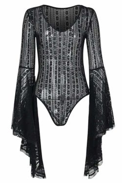 Gothic Lace Bell Sleeve Bodysuit - Y2K Grunge, 90s Fashion, Retro Style, Pastel Goth Outfit