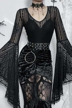 Gothic Lace Bell Sleeve Bodysuit - Y2K Grunge, 90s Fashion, Retro Style, Pastel Goth Outfit
