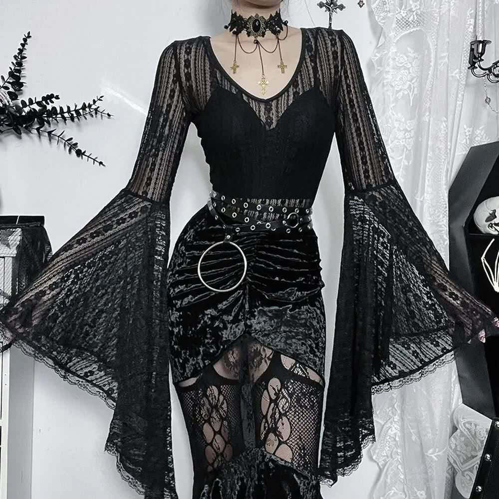 Gothic Lace Bell Sleeve Bodysuit - Y2K Grunge, 90s Fashion, Retro Style, Pastel Goth Outfit