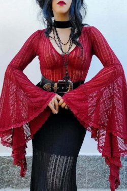 Gothic Lace Bell Sleeve Bodysuit - Y2K Grunge, 90s Fashion, Retro Style, Pastel Goth Outfit