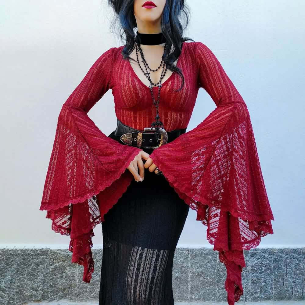 Gothic Lace Bell Sleeve Bodysuit - Y2K Grunge, 90s Fashion, Retro Style, Pastel Goth Outfit