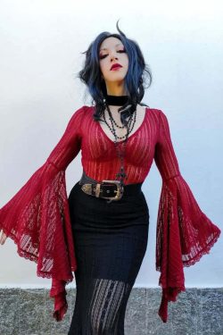 Gothic Lace Bell Sleeve Bodysuit - Y2K Grunge, 90s Fashion, Retro Style, Pastel Goth Outfit