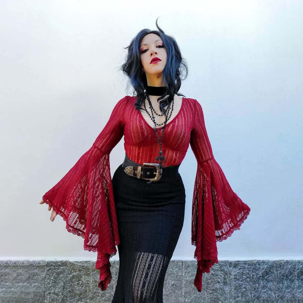 Gothic Lace Bell Sleeve Bodysuit - Y2K Grunge, 90s Fashion, Retro Style, Pastel Goth Outfit