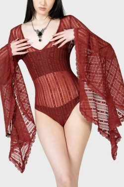 Gothic Lace Bell Sleeve Bodysuit - Y2K Grunge, 90s Fashion, Retro Style, Pastel Goth Outfit