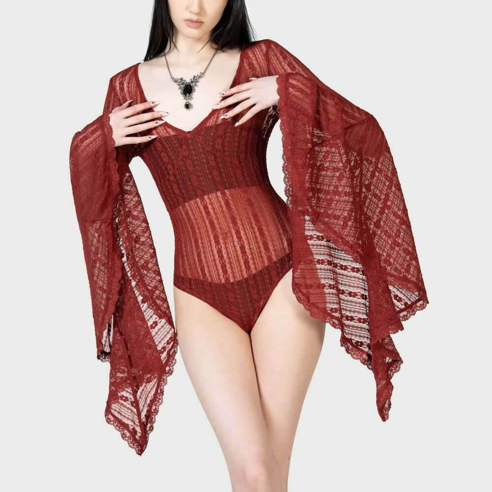 Gothic Lace Bell Sleeve Bodysuit - Y2K Grunge, 90s Fashion, Retro Style, Pastel Goth Outfit