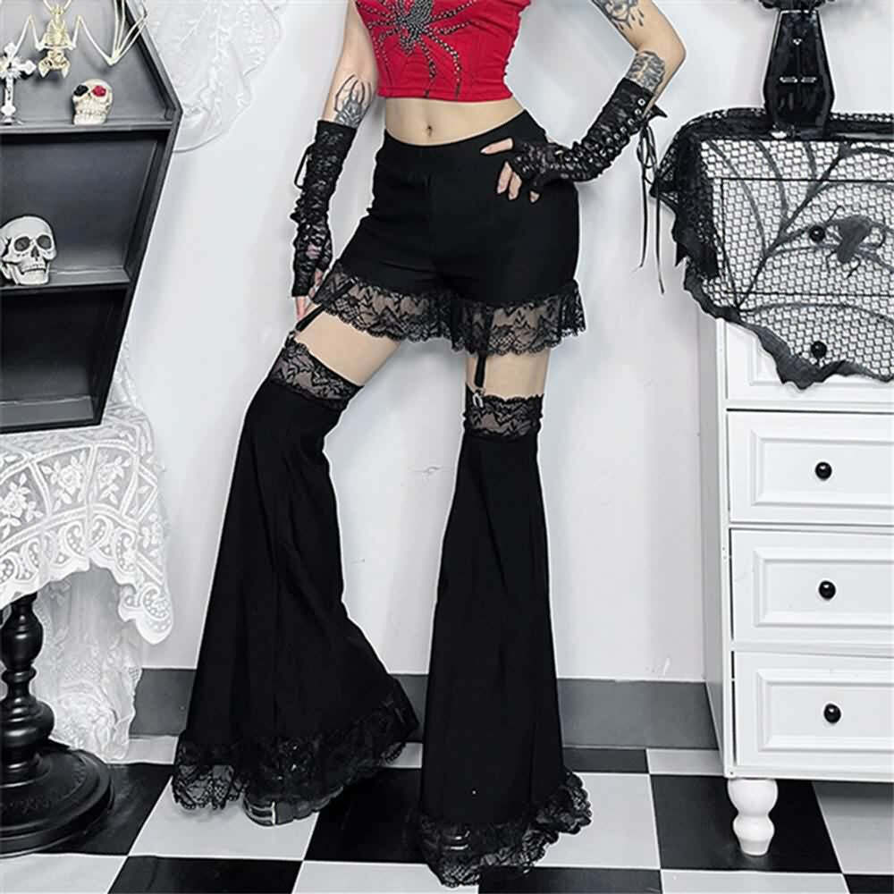 Gothic Lace Cut Out Bell Bottoms - Y2K Grunge, 90s Fashion, Retro Style, Summer Y2K Outfits