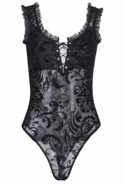 Gothic Lace Mesh Bodysuit - Y2K Grunge, 90s Fashion, Retro Style, Pastel Goth, Y2K