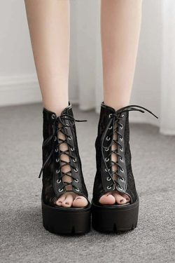 Gothic Lace Mesh Platform Boots - Y2K Grunge, 90s Fashion, Retro Style, Pastel Goth Outfits