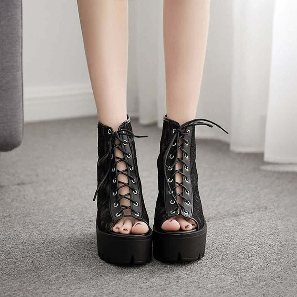 Gothic Lace Mesh Platform Boots - Y2K Grunge, 90s Fashion, Retro Style, Pastel Goth Outfits