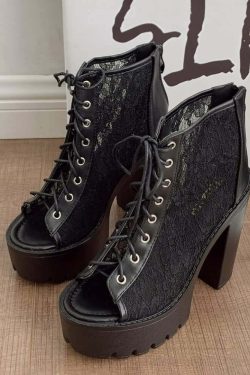 Gothic Lace Mesh Platform Boots - Y2K Grunge, 90s Fashion, Retro Style, Pastel Goth Outfits