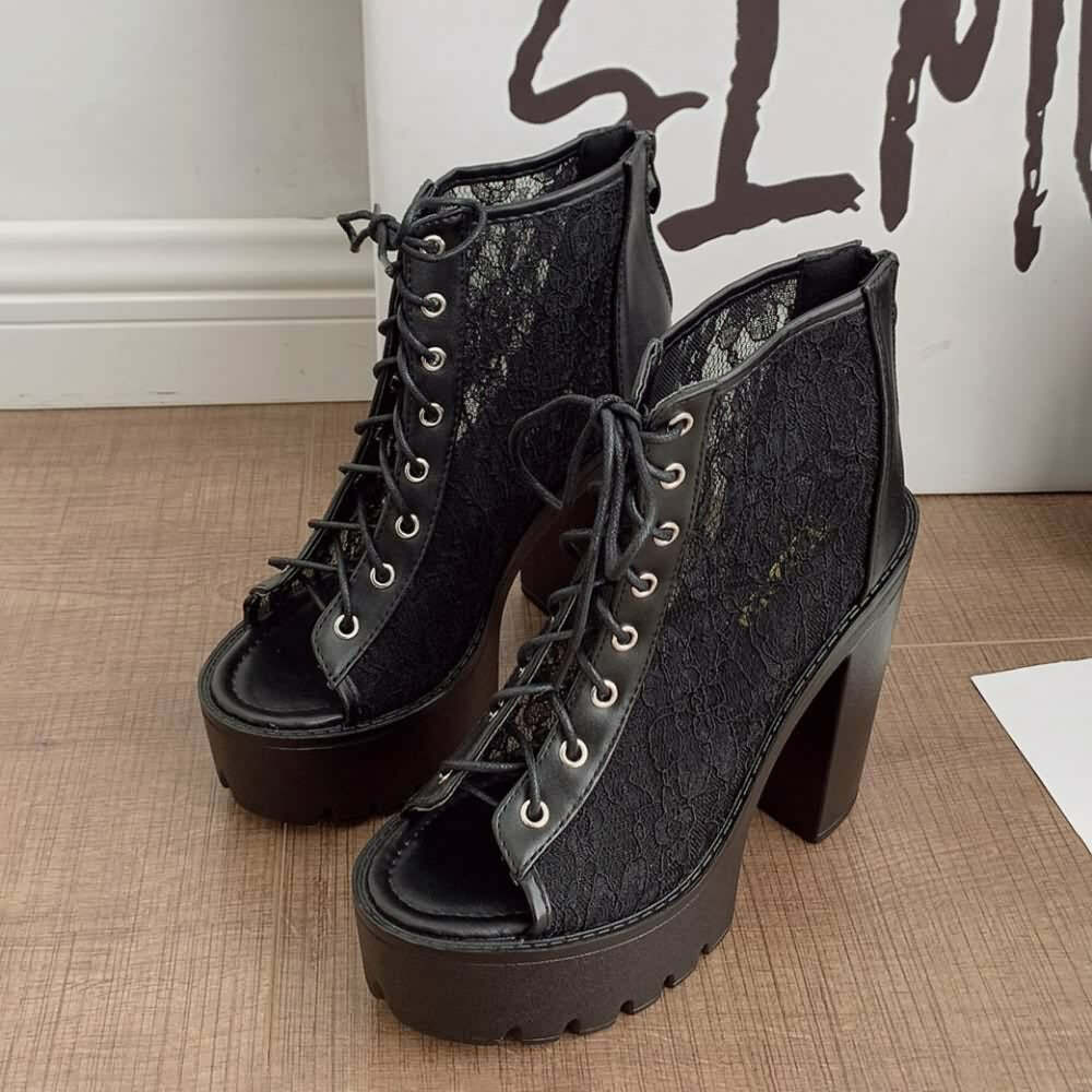 Gothic Lace Mesh Platform Boots - Y2K Grunge, 90s Fashion, Retro Style, Pastel Goth Outfits