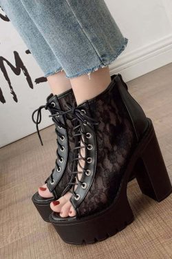 Gothic Lace Mesh Platform Boots - Y2K Grunge, 90s Fashion, Retro Style, Pastel Goth Outfits