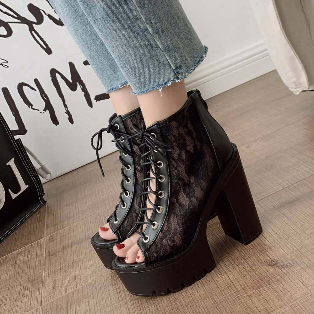 Gothic Lace Mesh Platform Boots - Y2K Grunge, 90s Fashion, Retro Style, Pastel Goth Outfits